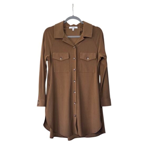 Sympli Canada Camel Brown Stretchy Collared Buttondown Tunic Shirt Blouse Size 4 - Picture 1 of 16